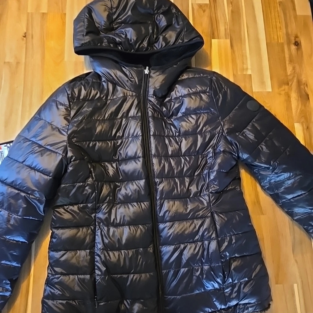 Andrew Marc Womens Faux Fur Lined Black Puffer Jacket Reversible